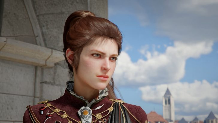 A character in the game Crimson Desert looking into the distance with a tower and cloudy sky in the background.