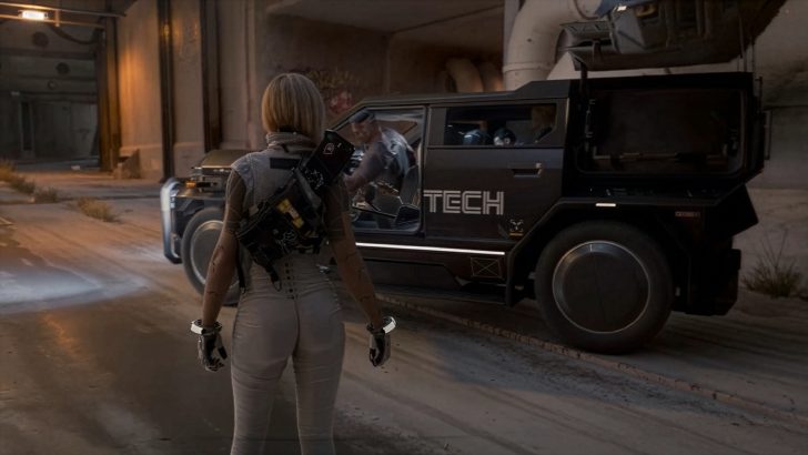 A character holding a weapon approaches a futuristic vehicle with the word 'TECH' on its side in a dimly lit urban setting.