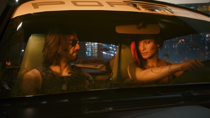 Two characters from 'Cyberpunk 2077' are sitting in a Porsche car at night in a city setting.