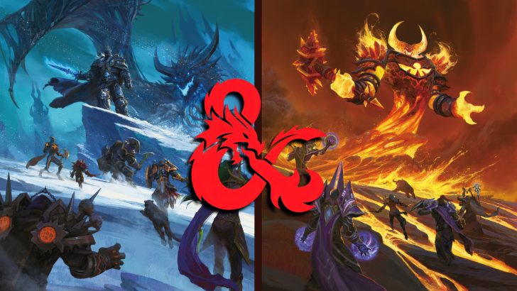 A fantasy scene split in two with icy warriors facing a dragon on the left and fiery figures battling a molten giant on the right, featuring a red Dungeons & Dragons: World of Warcraft logo in the center.