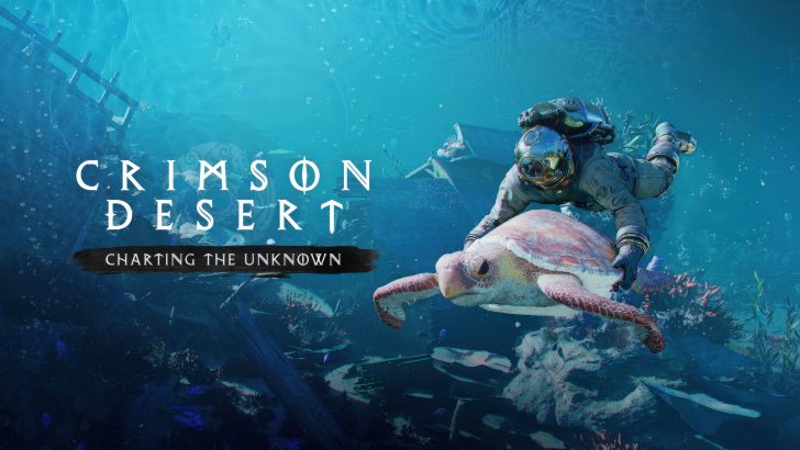 A diver swims underwater with a large turtle in 'Crimson Desert: Charting the Unknown'.