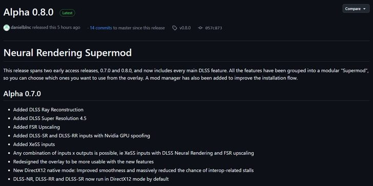 The image shows a GitHub release page for 'Neural Rendering Supermod' with version 'Alpha 0.8.0,' detailing updates including 'DLSS Ray Reconstruction' and 'DLSS Super Resolution 4.5.'