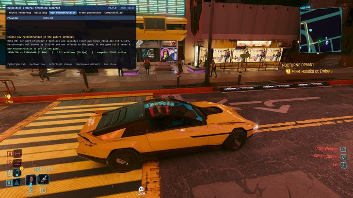 A yellow sports car in 'Cyberpunk 2077' is parked on a city street, with the on-screen text 'NOCTURNE OP55N1' and overlay showing 'Ray reconstruction is off in the game's settings' from DanielBlanc's Neural Rendering Supermod.
