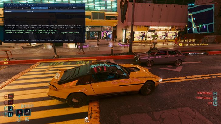 In Cyberpunk 2077, a yellow car is stopped at an intersection, while the screen displays 'Danielblnc's Neural Rendering Supermod' with a 'Ray reconstruction' setting active.