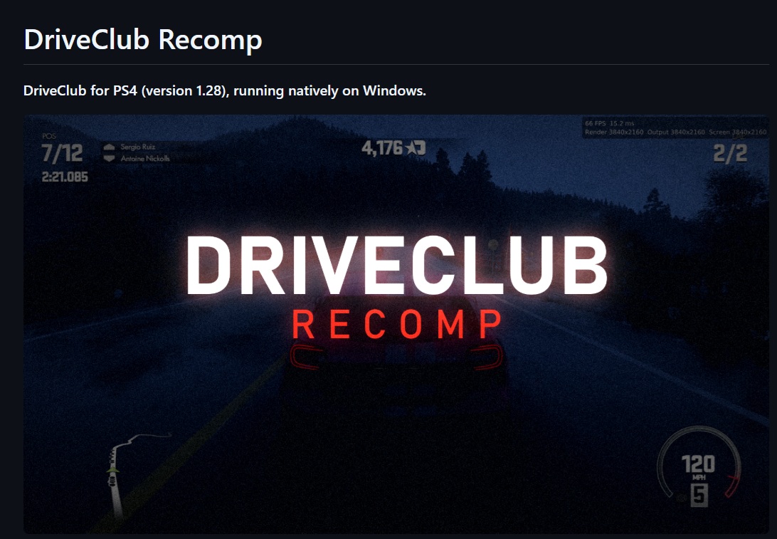 DriveClub Recomp in action on a Windows PC