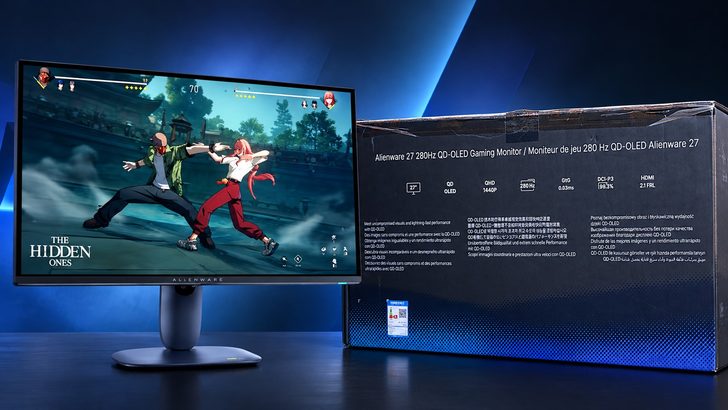 An Alienware 27-inch QD-OLED monitor displaying a fighting game titled 'The Hidden Ones' is next to its box labeled 'Alienware 27 280Hz QD-OLED Gaming Monitor' with specifications including QHD 1440P, 280Hz, and HDMI 2.1 FRL.