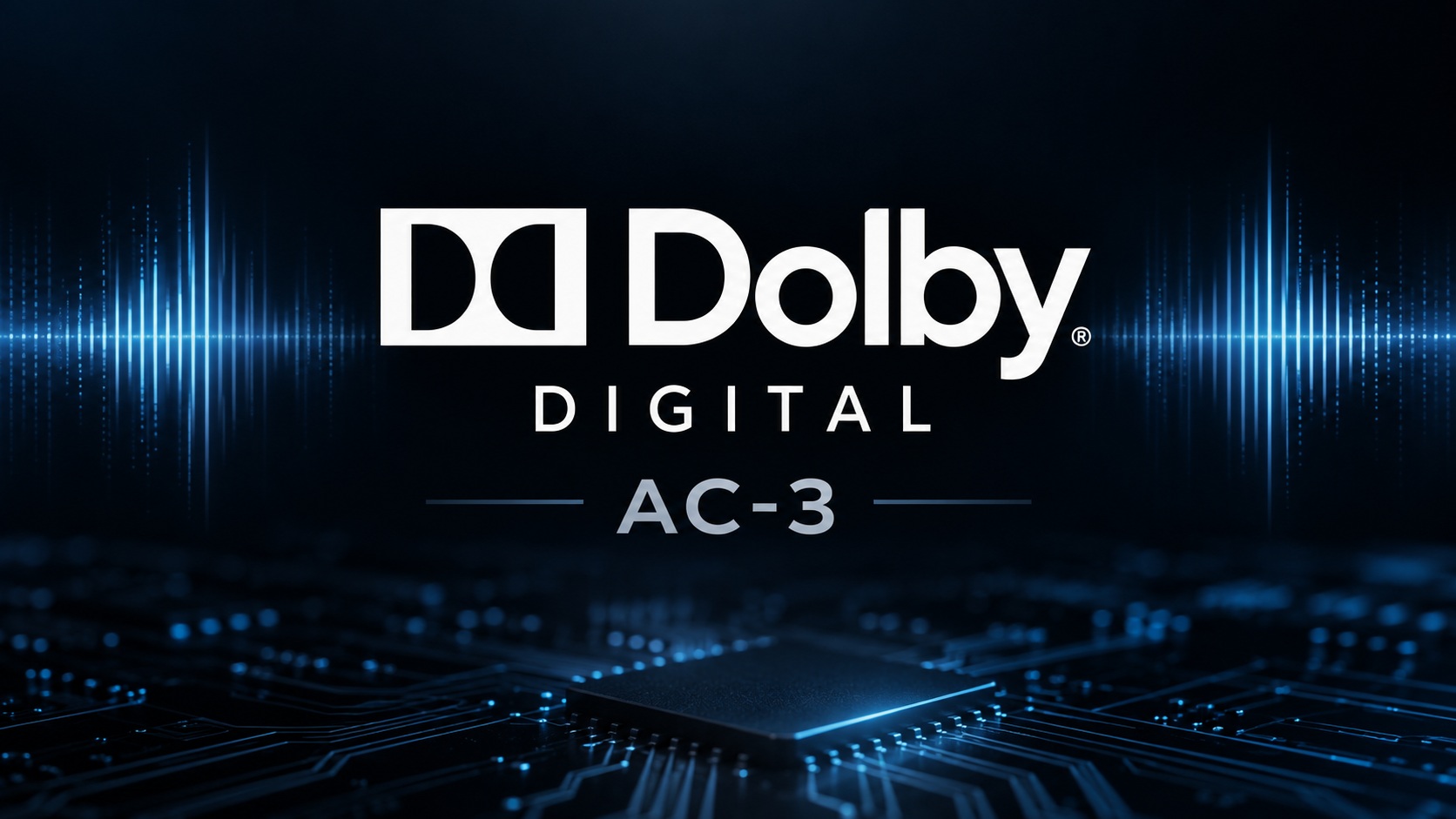 The image displays the Dolby Digital AC-3 logo against a background of sound waves and circuit-like patterns.