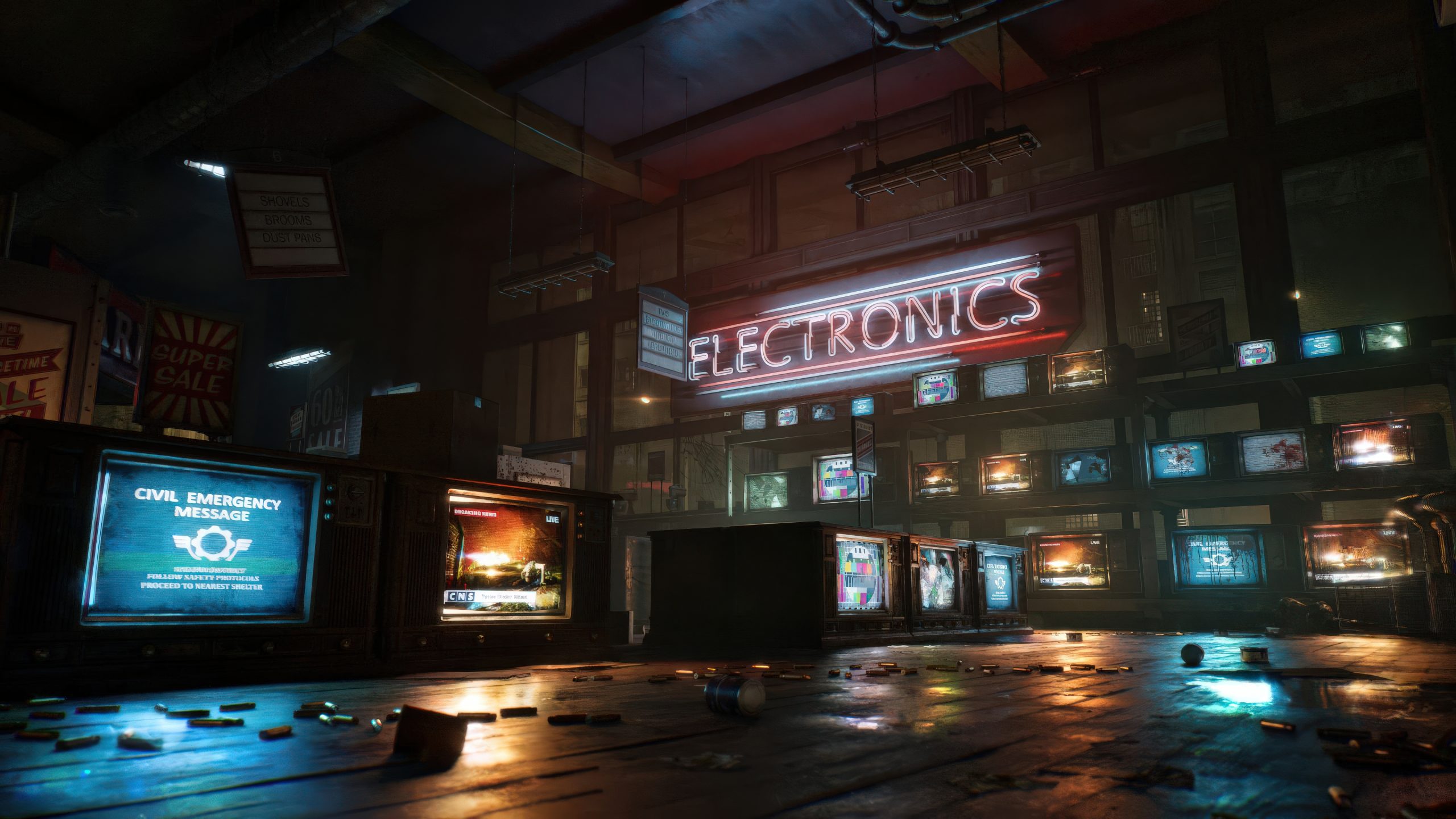 A neon sign reading 'ELECTRONICS' hangs above multiple vintage televisions in a dimly lit room, one displaying a 'CIVIL EMERGENCY MESSAGE'.