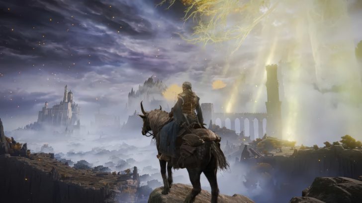 A character on horseback overlooks a vast, misty landscape with towering structures in the game 'Elden Ring'.