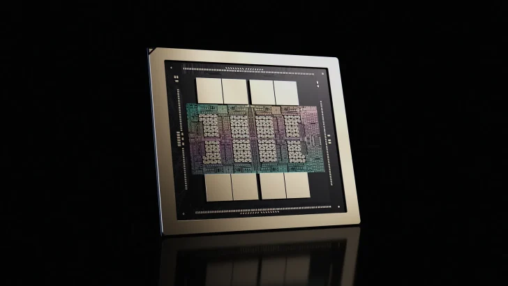 A detailed view of the NVIDIA Blackwell GPU architecture chip against a black background.
