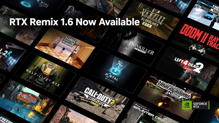 A collage of game titles with the text 'RTX Remix 1.6 Now Available' features 'Portal with RTX', 'Left 4 Dead 2 Remixed', and 'Call of Duty 2 Multiplayer Remixed', alongside the NVIDIA GeForce RTX logo.