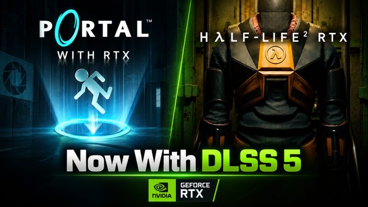 The image shows 'Portal with RTX' on the left and 'Half-Life 2 RTX' on the right, with the text 'Now With DLSS 5' and the NVIDIA GeForce RTX logo at the bottom.