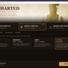 The Uncharted: The Nathan Drake Collection launcher screen displays options for 'Drake's Fortune,' 'Among Thieves,' and 'Drake's Deception,' with '2 Among Thieves' selected, and lists graphic quality settings including 'LOW: 30 FPS - steady' and 'ULTRA: Above 60 FPS'; a message below reads 'The game stopped unexpectedly.'