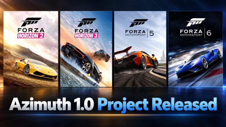 Promotional images for 'Forza Horizon 2,' 'Forza Horizon 3,' 'Forza Motorsport 5,' and 'Forza Motorsport 6' with the text 'Azimuth 1.0 Project Released' at the bottom.