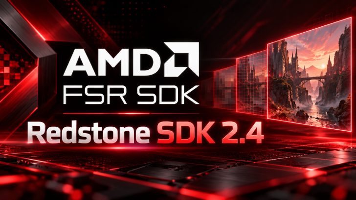 The image shows the AMD FSR SDK 'Redstone SDK 2.4' with a background featuring a digitally rendered landscape.