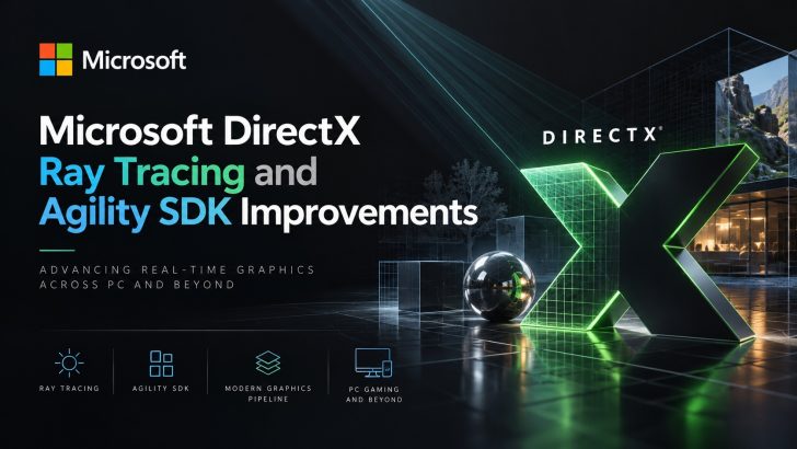 A Microsoft promotional image showcases 'Microsoft DirectX Ray Tracing and Agility SDK Improvements' with graphics of a large neon “X,” digital landscapes, and icons representing ray tracing and PC gaming.