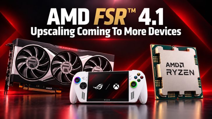 A promotional image showing 'AMD FSR 4.1' with an AMD Radeon graphics card, a white ASUS ROG handheld console with Xbox buttons, and an AMD Ryzen processor against a red background.