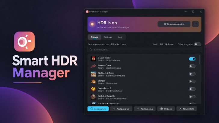 The Smart HDR Manager interface shows 'HDR is on' with a list of games like 7 Days to Die and Assetto Corsa displayed, each with a toggle to enable HDR.