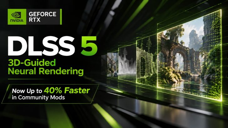 An NVIDIA GeForce RTX graphic highlights 'DLSS 5' with '3D-Guided Neural Rendering' and notes an increase 'Now Up to 40% Faster in Community Mods.'