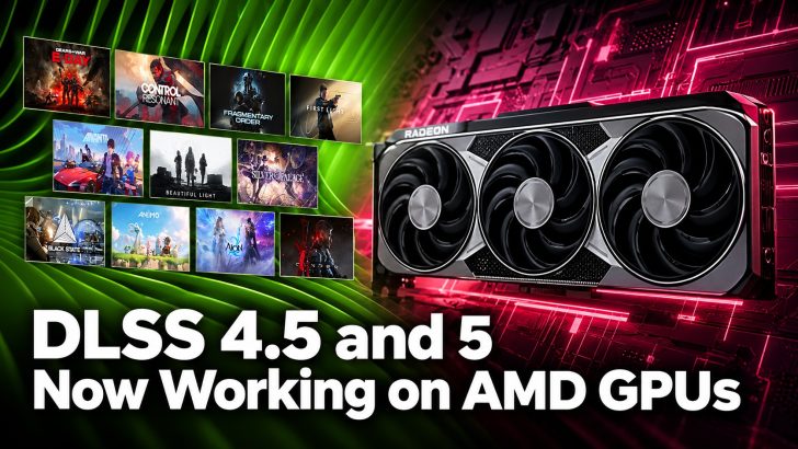 An AMD Radeon GPU is shown alongside game titles with the text 'DLSS 4.5 and 5 Now Working on AMD GPUs' overlaid.