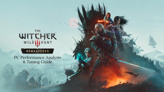 A promotional image for The Witcher 3: Wild Hunt Remastered showing characters in front of a dark, spiked tree with the text 'PC Performance Analysis & Tuning Guide.'