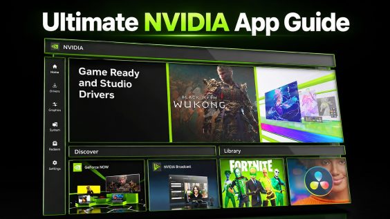 The image shows an 'Ultimate NVIDIA App Guide' featuring sections for 'Game Ready and Studio Drivers' and apps like 'GeForce NOW,' 'NVIDIA Broadcast,' and games including 'Black Myth Wukong' and 'Fortnite.'