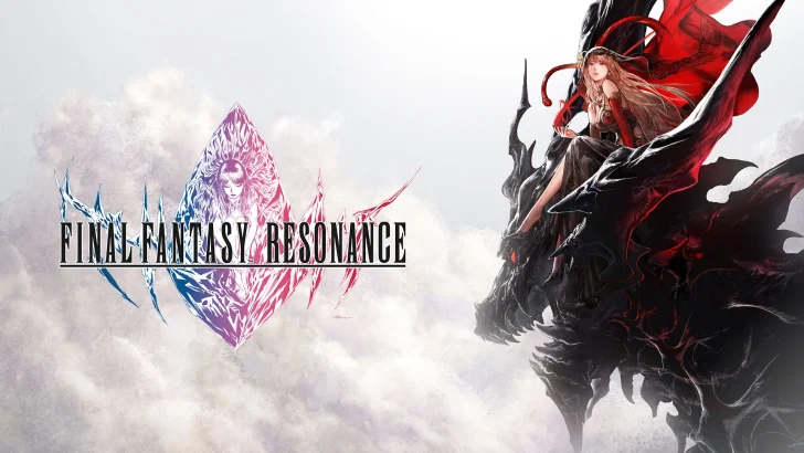 Cover art for 'Final Fantasy: Resonance' featuring a character in red and black attire seated on a dark, ornate creature against a cloudy backdrop.
