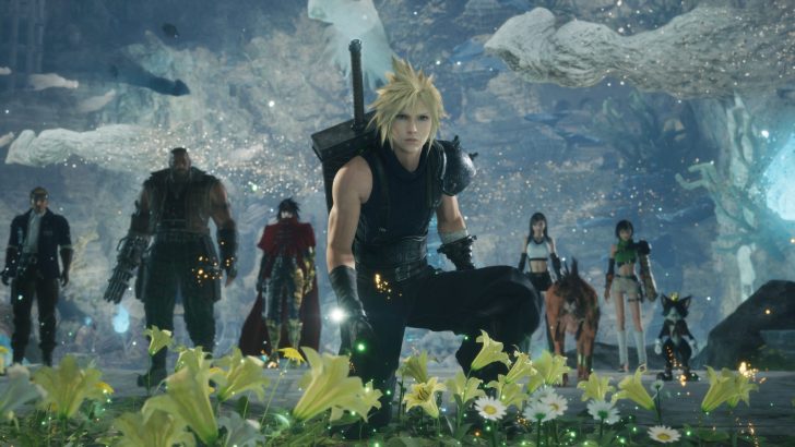 A group of characters from 'Final Fantasy VII' stand in a mystical, flower-covered landscape.