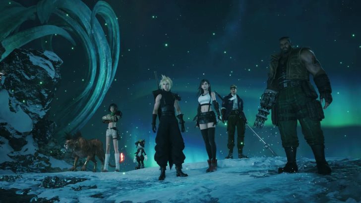 Characters from Final Fantasy VII Revelation standing on a snowy landscape under a starry sky with an aurora in the background.