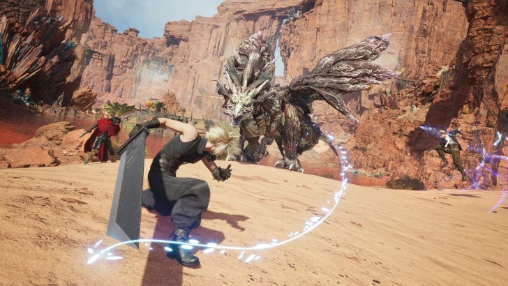 A battle scene from the game featuring characters fighting a large dragon in a desert canyon.