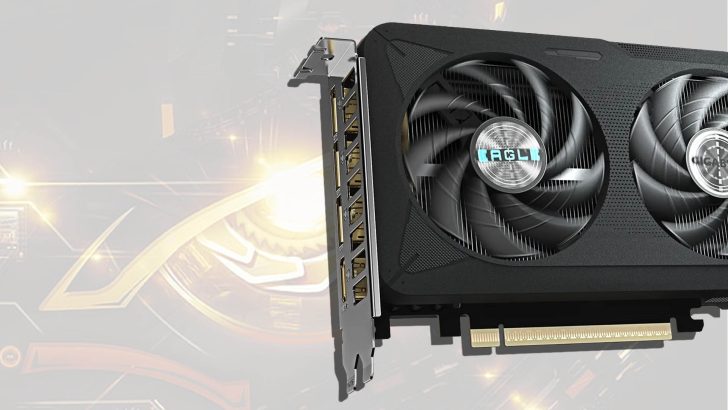 A close-up of a GIGABYTE Eagle graphics card showing dual fans and multiple video output ports.