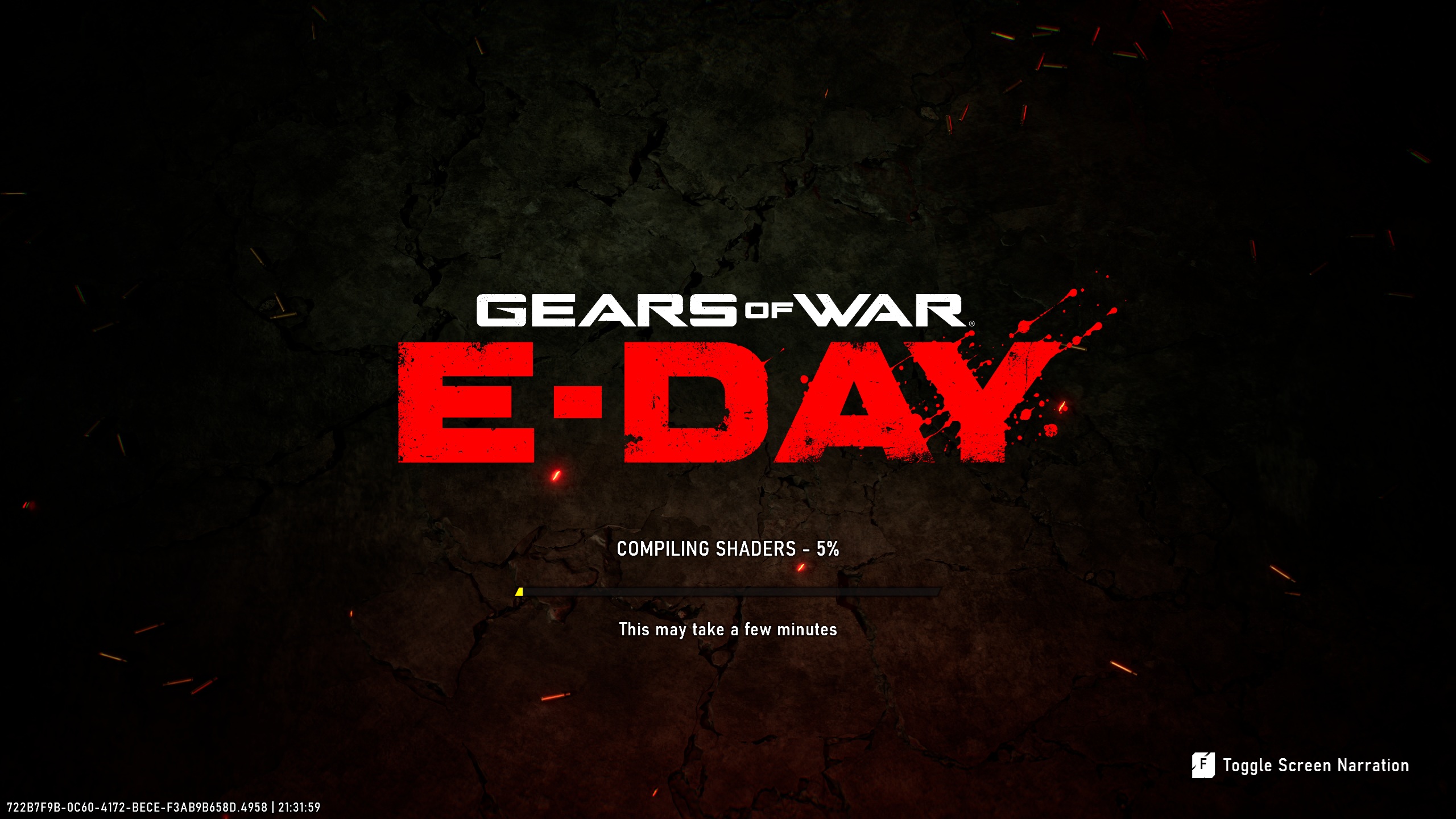 The screen shows the title GEARS OF WAR E-DAY with the text 'COMPILING SHADERS - 5%' beneath it.