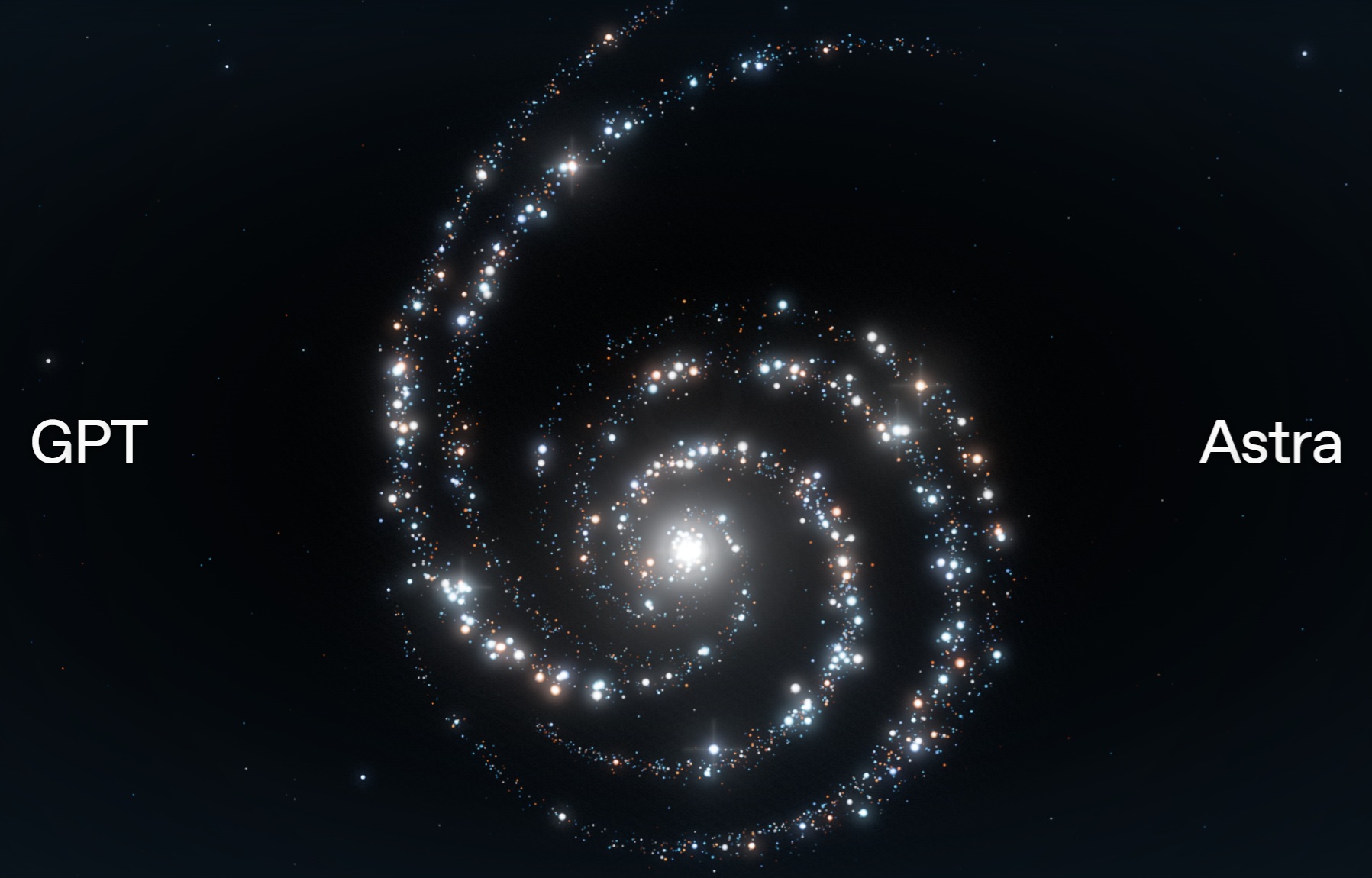 A spiral galaxy with bright stars is labeled with 'GPT' on the left and 'Astra' on the right against a dark background.