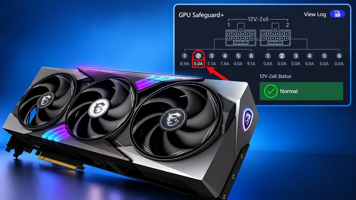 An MSI graphics card with RGB lighting is shown alongside a 'GPU Safeguard+' screen indicating '0.0A' current with a 'Normal' status.