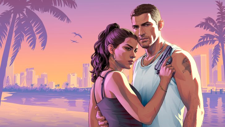 A stylized illustration of Jason and Lucia from GTA 6, standing closely on a beach with a sunset, palm trees, and a city skyline in the background.
