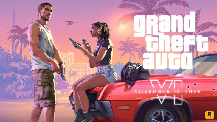 Jason and Lucia stand with weapons in a city setting in front of a sunset background, next to 'Grand Theft Auto VI' and 'November 19, 2026' text.