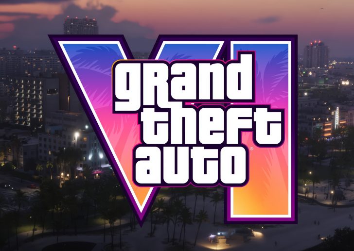 The logo for 'Grand Theft Auto VI' is displayed over a nighttime cityscape with buildings and palm trees illuminated.