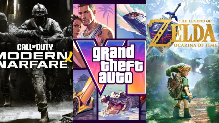The image showcases cover art for 'Call of Duty: Modern Warfare', 'Grand Theft Auto V', and 'The Legend of Zelda: Ocarina of Time'.