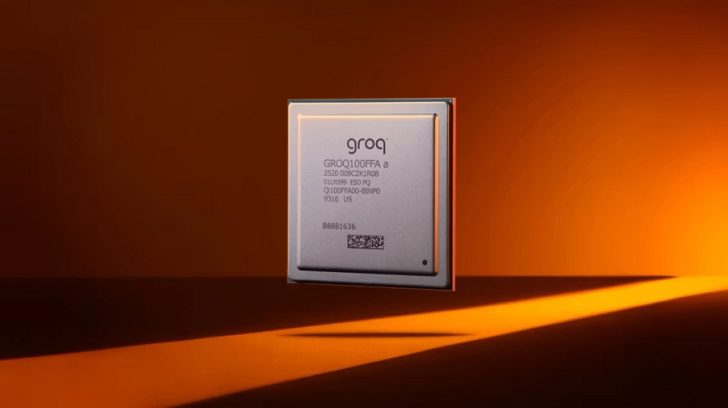 A Groq chip model 'GROQ-01Q0FFA' is showcased against an orange background.