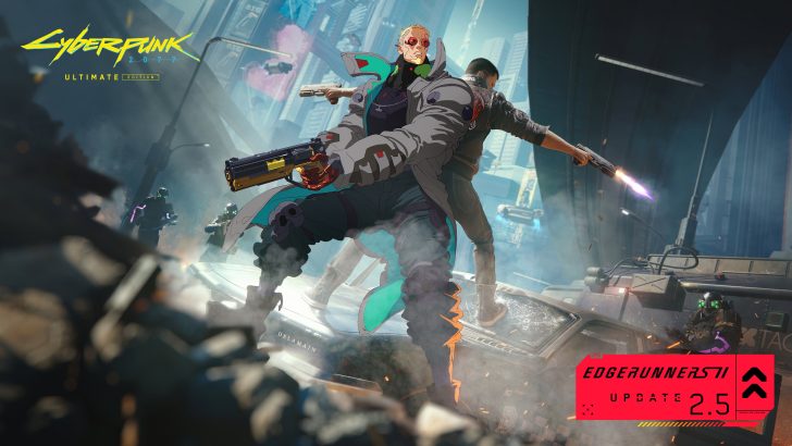 A scene from Cyberpunk 2077: Ultimate Edition with a character in anime style holding a weapon, featuring the text 'EDGERUNNERS UPDATE 2.5' in the corner.