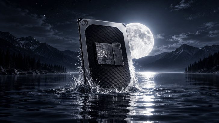 An Intel Core processor emerging from water against a mountainous backdrop with a full moon.