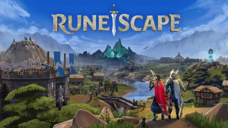The title screen of RuneScape shows two armored characters overlooking a medieval landscape with a castle, river, and distant mountains.