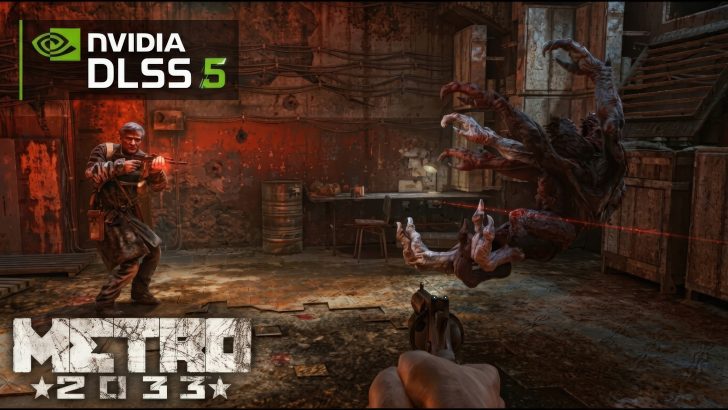 A scene from Metro 2033 Redux featuring a character aiming a weapon at a creature, with an NVIDIA DLSS 5 logo in the corner.