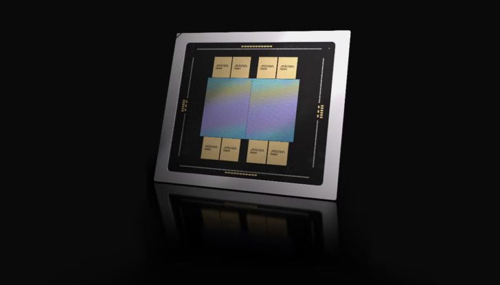 A close-up of a chip featuring Micron HBM3E memory modules symmetrically arranged around the central processing unit.
