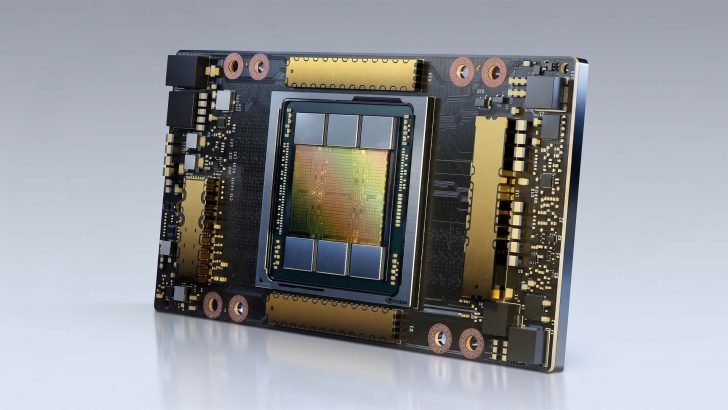 A close-up of an NVIDIA hardware component featuring a large chip with visible circuitry and an NVIDIA logo.
