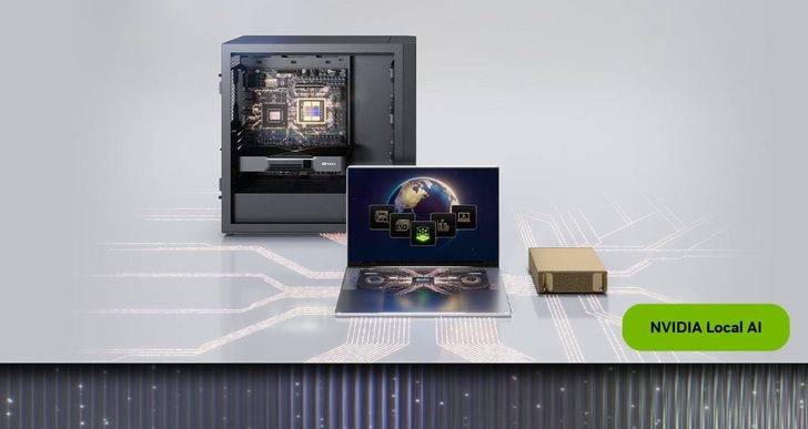 A computer setup with an NVIDIA logo is displayed alongside a laptop showing a globe and graphics icons, and a box labeled 'NVIDIA Local AI'.