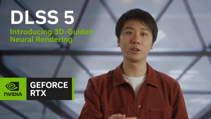 A person is talking in front of a background showing the NVIDIA logo and 'DLSS 5 Introducing 3D-Guided Neural Rendering' alongside GEFORCE RTX.