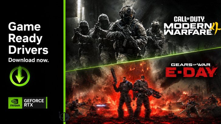 The image features an NVIDIA GeForce RTX ad for 'Game Ready Drivers,' showcasing 'Call of Duty: Modern Warfare II' and 'Gears of War: E-Day.'