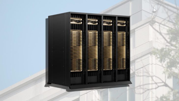 A server rack displayed outdoors against a building structure, featuring multiple units with golden heat sinks.