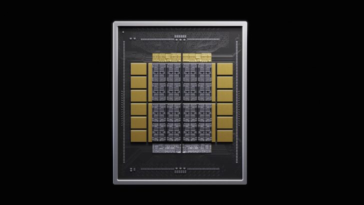 A close-up image of the NVIDIA GH200 Grace Hopper chip highlighting its intricate circuits and gold elements on a black background.